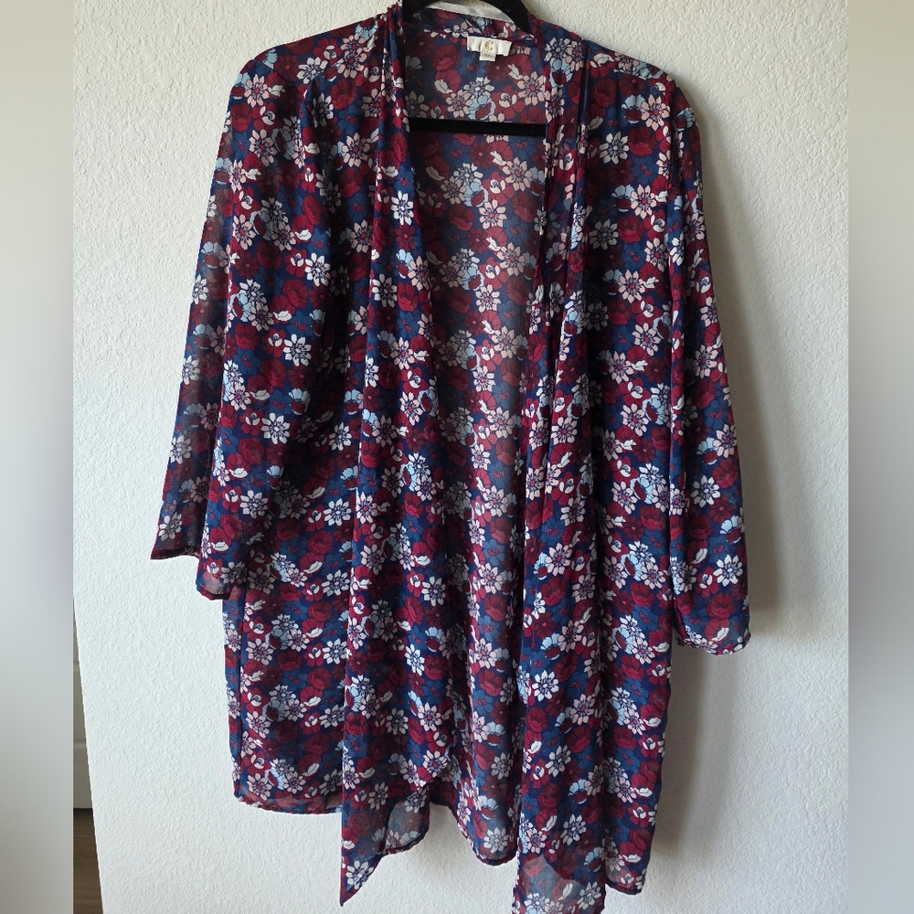 Charming Charlie Sheer Floral Kimono in Burgundy, Navy & White Fourth Of July